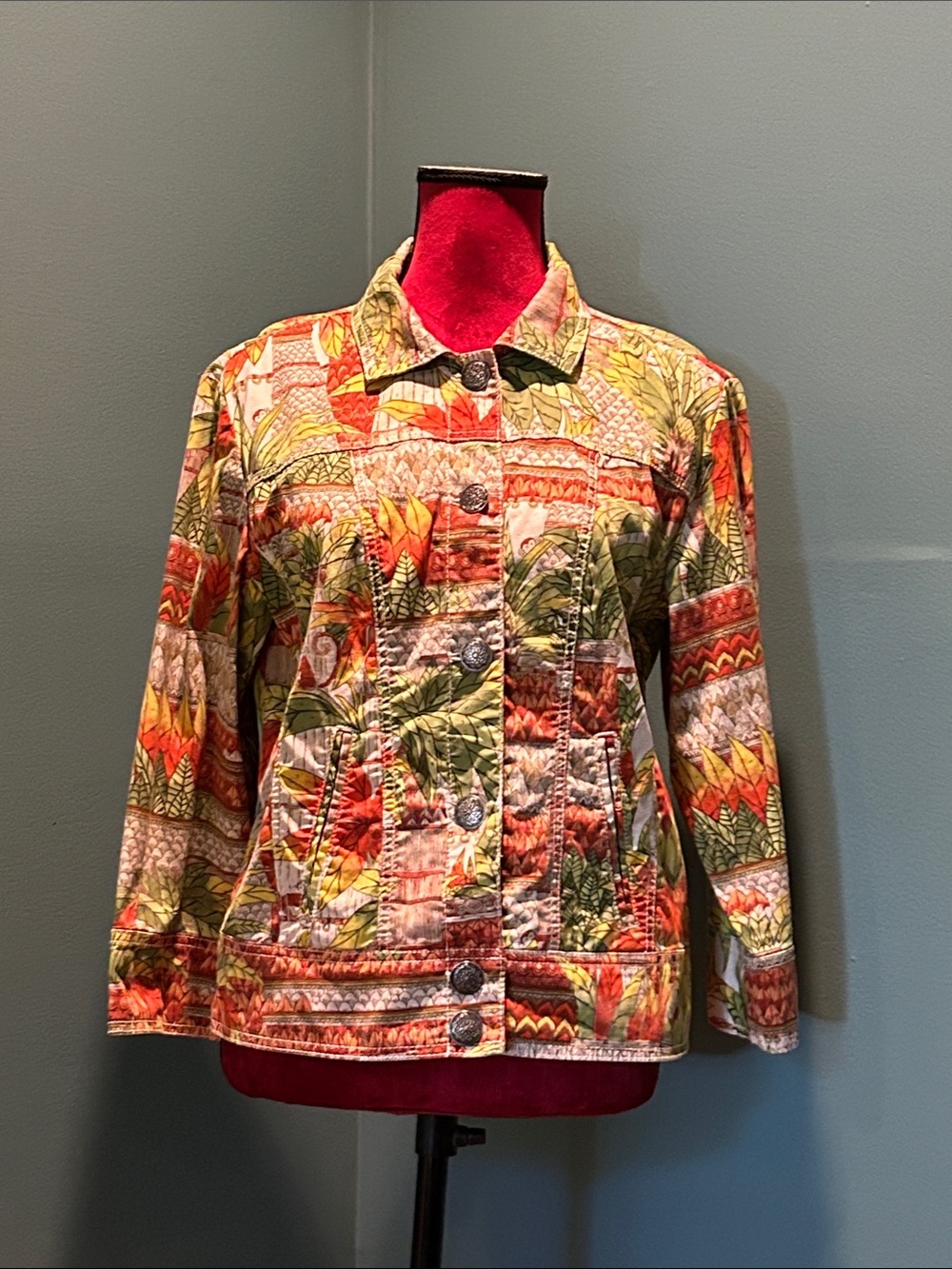 Chico's Multicolor Palm Design Jean Jacket - Green, Orange, Yellow on Ivory